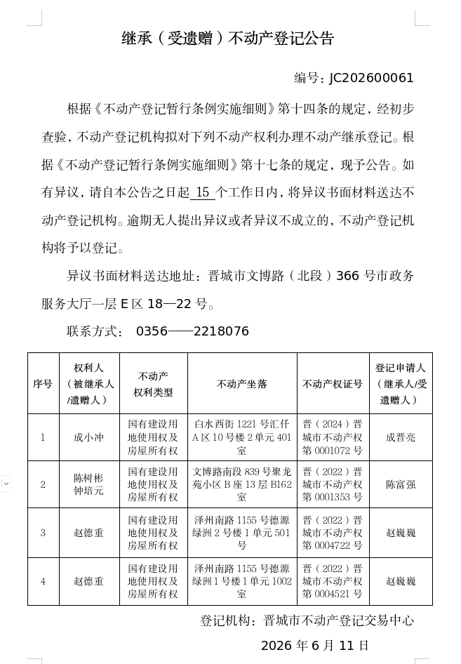 继承不动产登记事项公示（2026—00061）(图1)