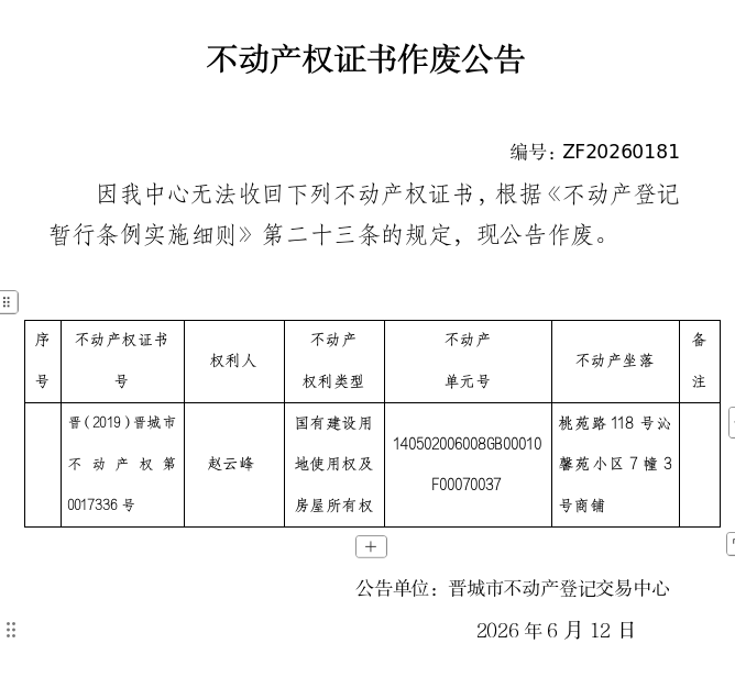 不动产权证书作废公告（一千四百一十三）20260181(图1)