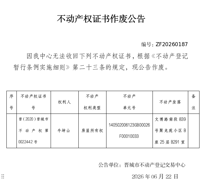 不动产权证书作废公告（一千四百一十九）20260187(图1)