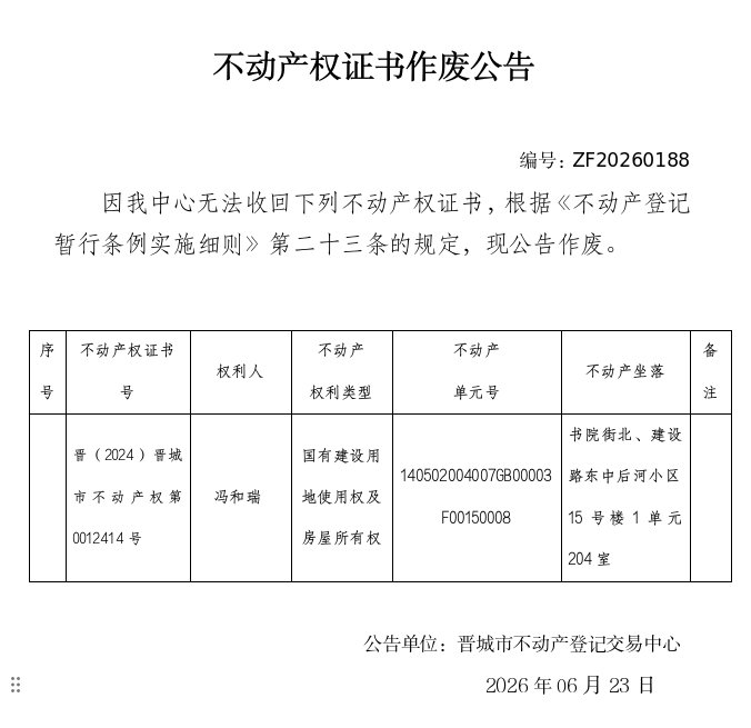 不动产权证书作废公告（一千四百二十）20260188(图1)