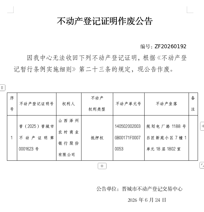 不动产登记证明作废公告（一千四百二十四）20260192(图1)