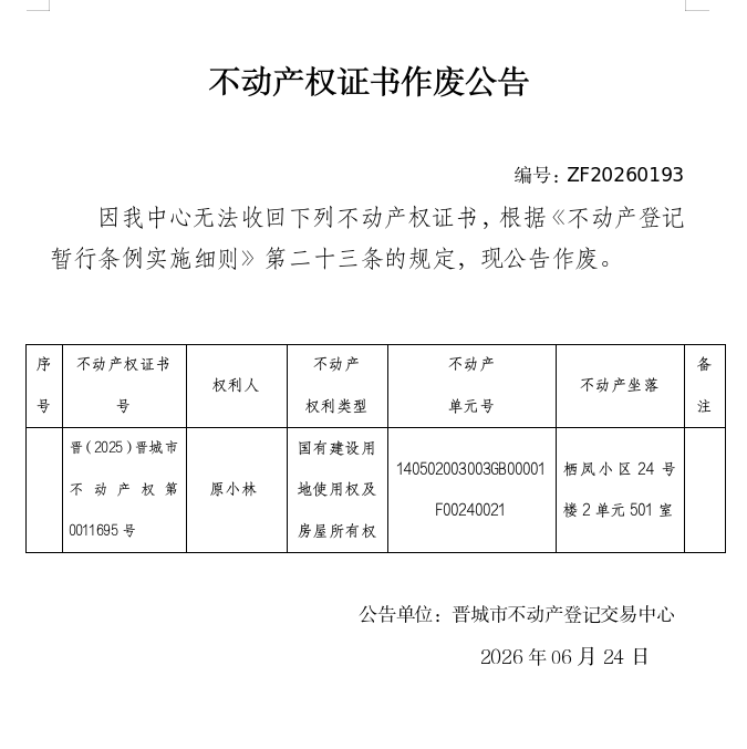 不动产权证书作废公告（一千四百二十五）20260193(图1)