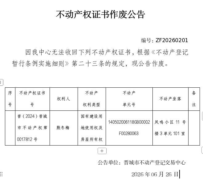 不动产权证书作废公告（一千四百三十三）20260201(图1)