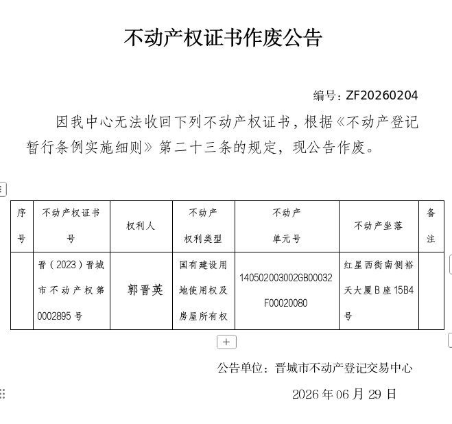 不动产权证书作废公告（一千四百三十六）20260204(图1)