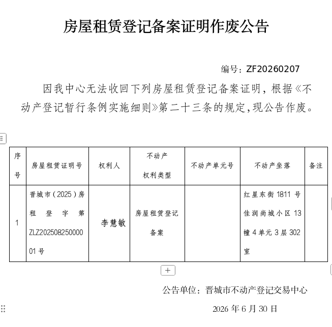 房屋租赁登记备案证明作废公告（一千四百三十九）20260207(图1)