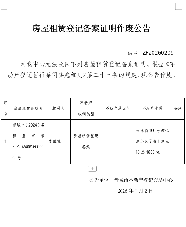 房屋租赁登记备案证明作废公告（一千四百四十一）20260209(图1)