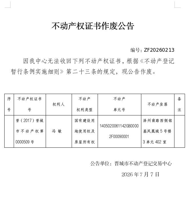 不动产权证书作废公告（一千四百四十五）20260213(图1)