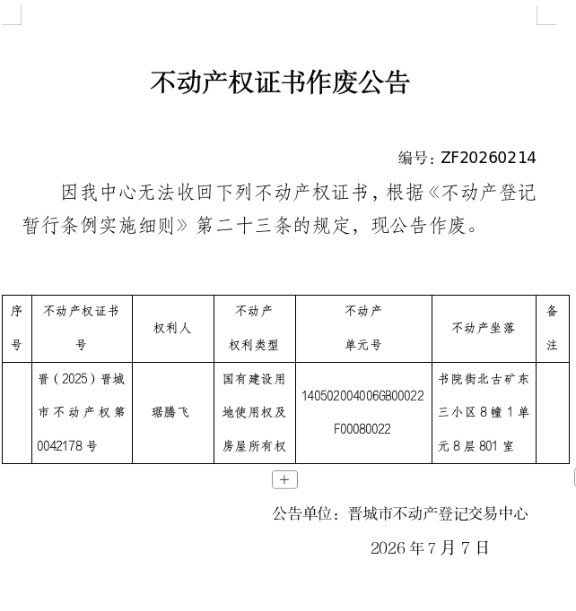 不动产权证书作废公告（一千四百四十六）20260214(图1)