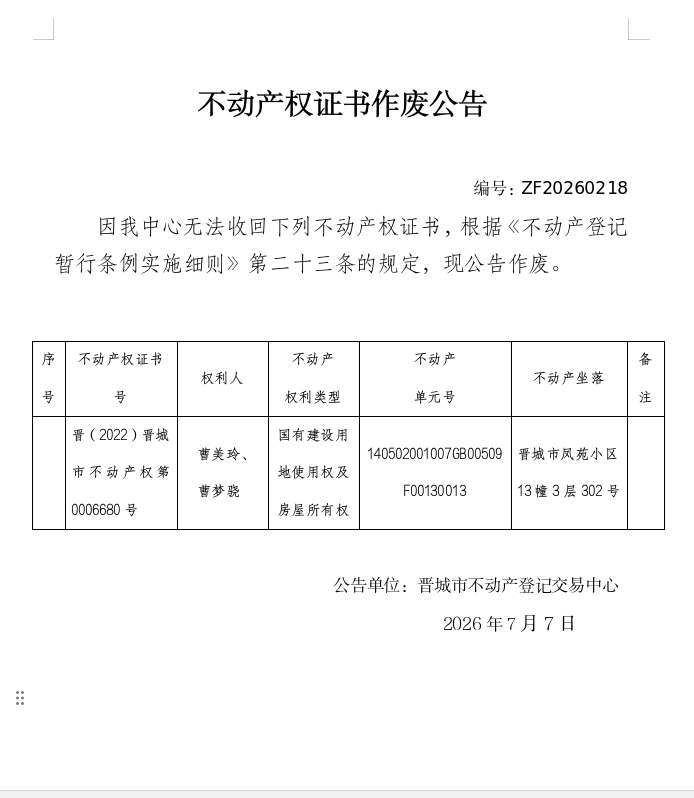 不动产权证书作废公告（一千四百五十）20260218(图1)
