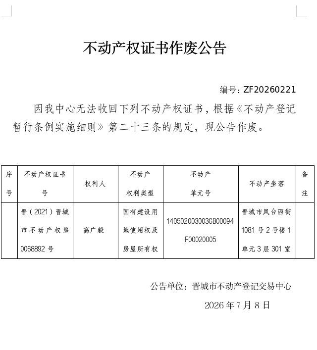 不动产权证书作废公告（一千四百五十三）20260221(图1)