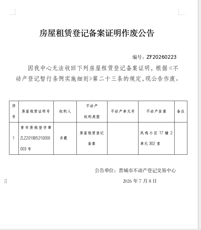 房屋租赁登记备案证明作废公告（一千四百五十五）20260223(图1)