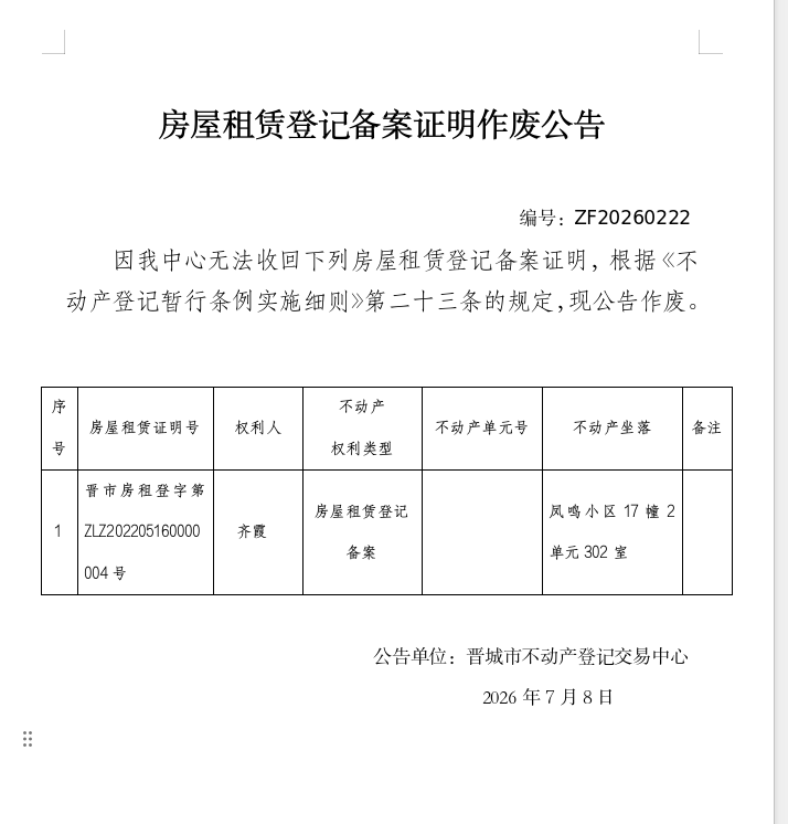 房屋租赁登记备案证明作废公告（一千四百五十四）20260222(图1)
