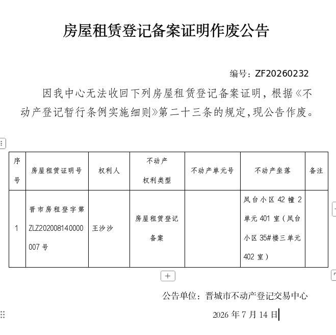 房屋租赁登记备案证明作废公告（一千四百六十四）20260232(图1)