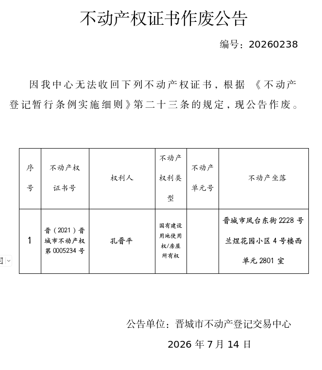 不动产权证书作废公告（一千四百七十）20260238(图1)