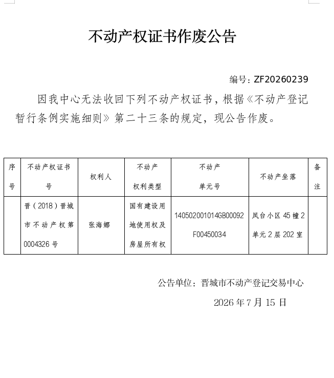 不动产权证书作废公告（一千四百七十一）20260239(图1)