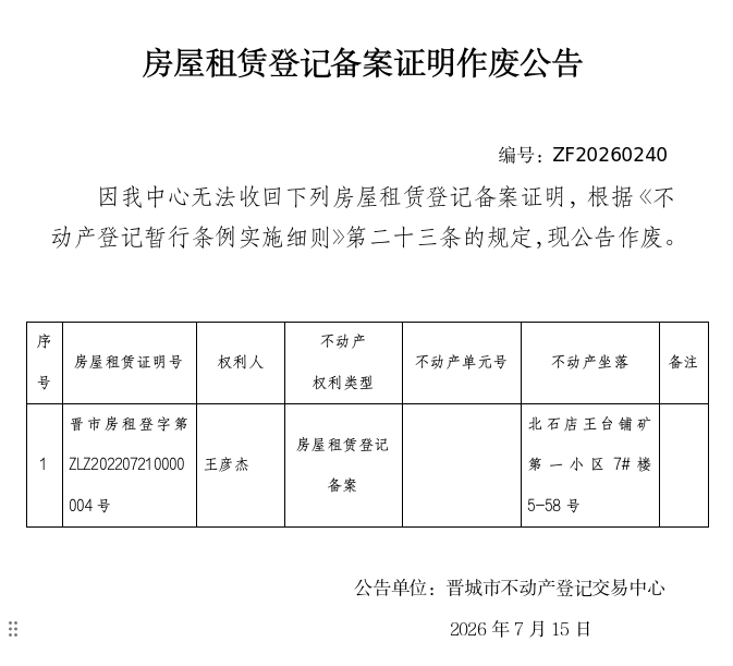 房屋租赁登记备案证明作废公告（一千四百七十二）20260240(图1)