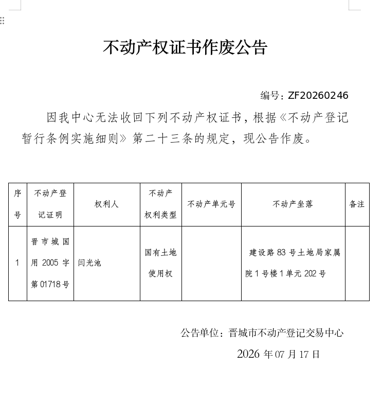 不动产权证书作废公告（一千四百七十八）20260246(图1)