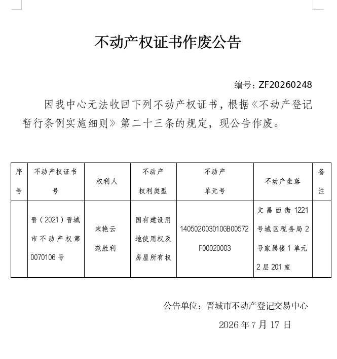 不动产权证书作废公告（一千四百八十）20260248(图1)