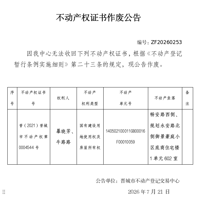 不动产权证书作废公告（一千四百八十五）20260253(图1)