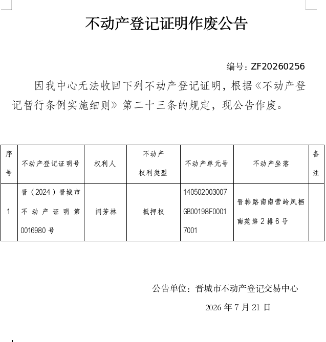 不动产登记证明作废公告（一千四百八十八）20260256(图1)