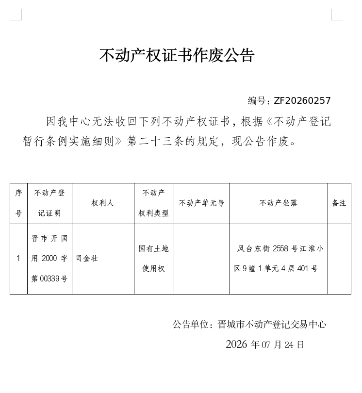 不动产权证书作废公告（一千四百八十九）20260257(图1)