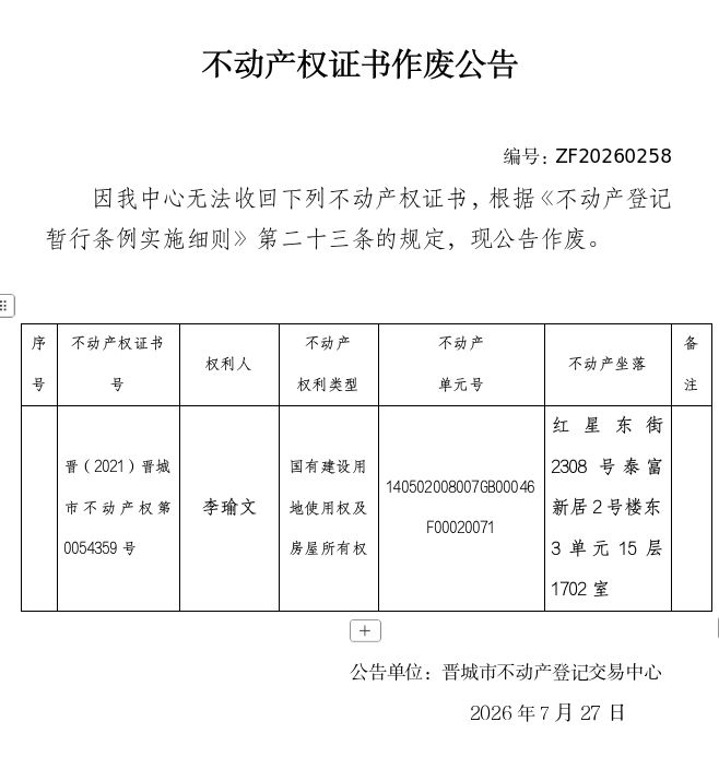 不动产权证书作废公告（一千四百九十）20260258(图1)