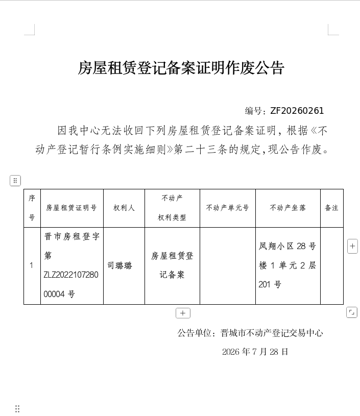 房屋租赁登记备案证明作废公告（一千四百九十三）20260261(图1)