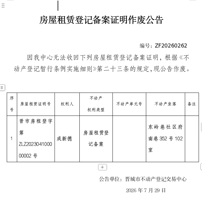 房屋租赁登记备案证明作废公告（一千四百九十四）20260262(图1)