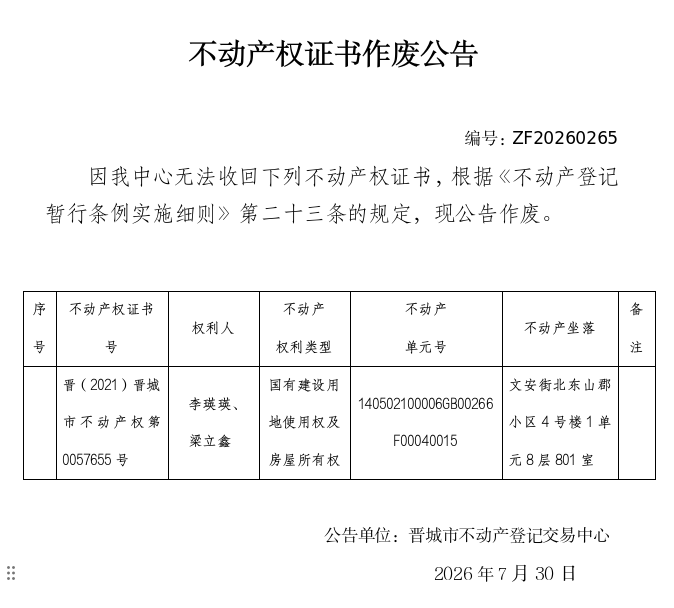 不动产权证书作废公告（一千四百九十七）20260265(图1)