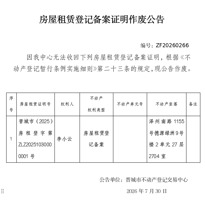 房屋租赁登记备案证明作废公告（一千四百九十八）20260266(图1)