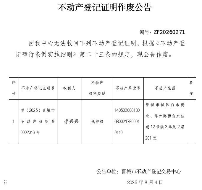 不动产权证书作废公告（一千五百零三）20260271(图1)