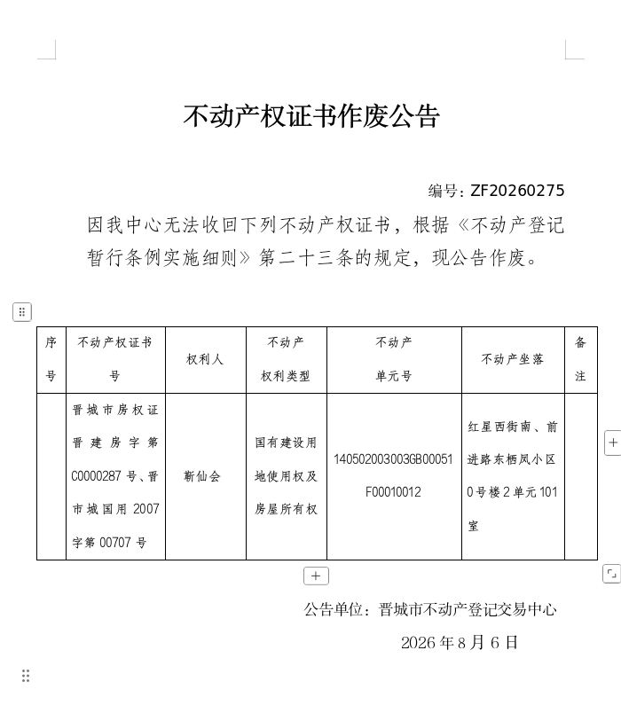 不动产权证书作废公告（一千三百零七）20260275(图1)