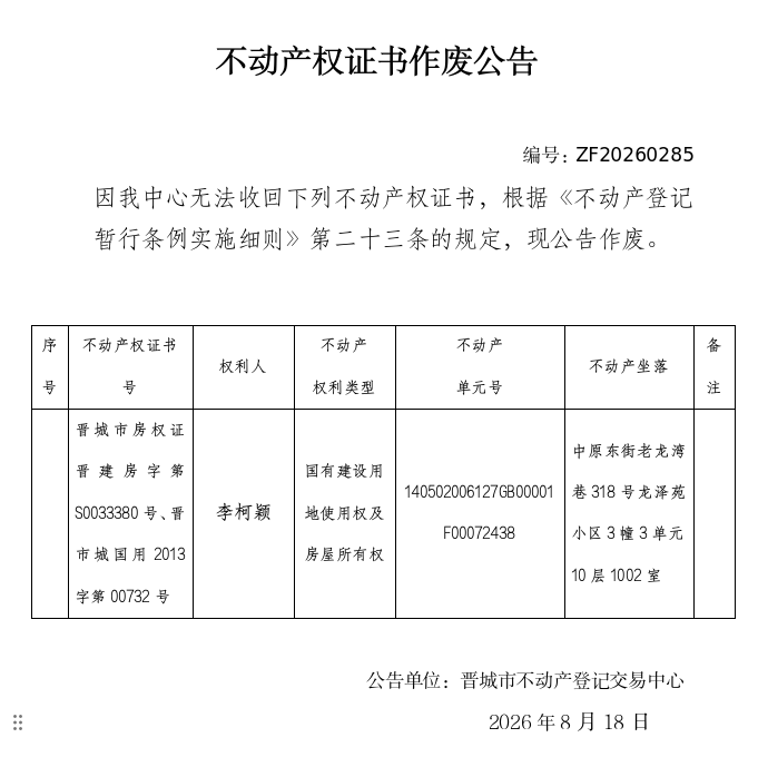 不动产权证书作废公告（一千五百一十七）20260285(图1)