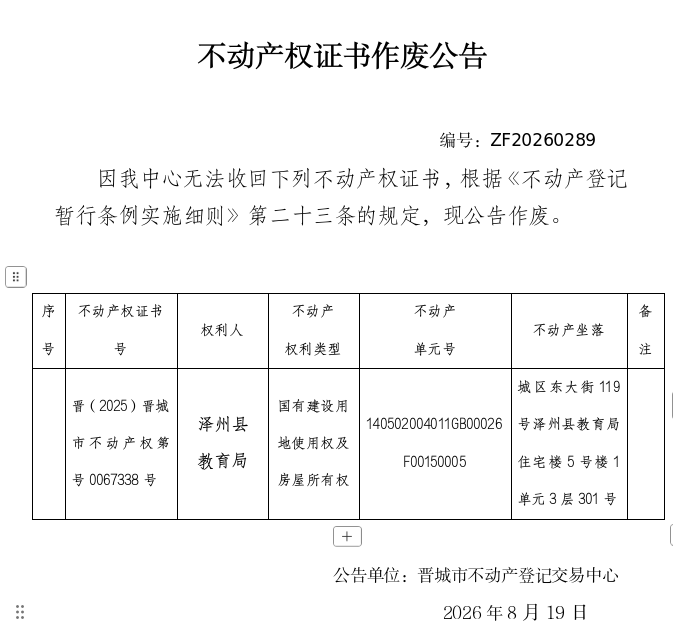 不动产权证书作废公告（一千五百二十一）20260289(图1)