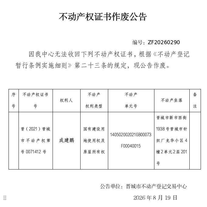 不动产权证书作废公告（一千五百二十二）20260290(图1)