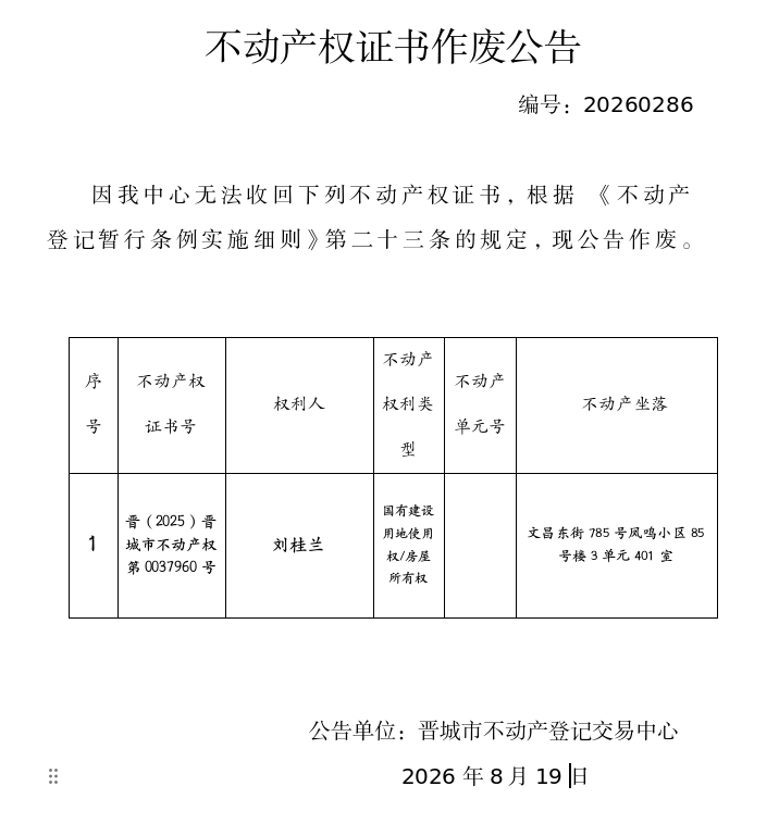 不动产权证书作废公告（一千五百一十八）20260286(图1)