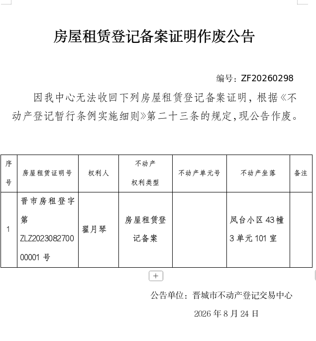 房屋租赁登记备案证明作废公告（一千五百三十）20260298(图1)