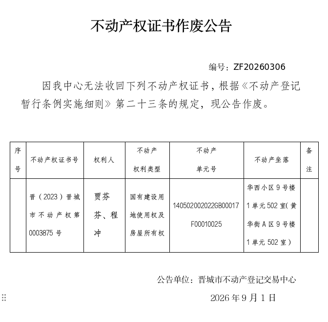  不动产权证书作废公告（一千五百三十八）20260306(图1)