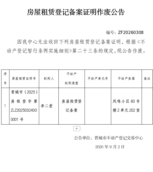 房屋租赁登记备案证明作废公告（一千五百四十）20260308(图1)