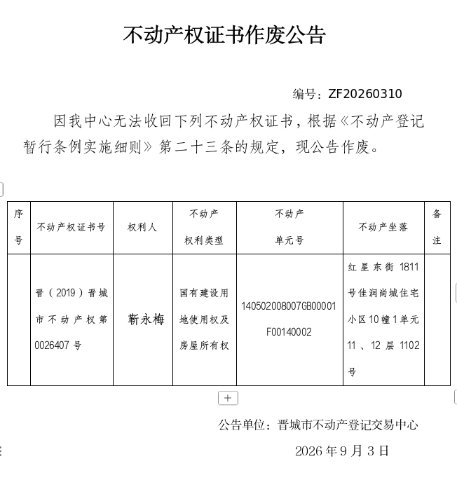  不动产权证书作废公告（一千五百四十二）20260310(图1)