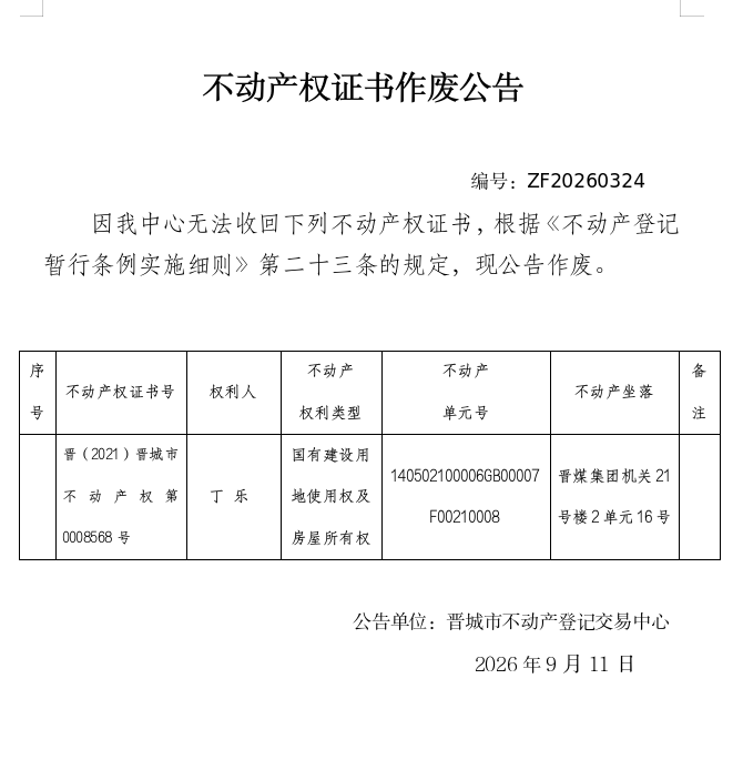 不动产权证书作废公告（一千五百五十六）20260324(图1)