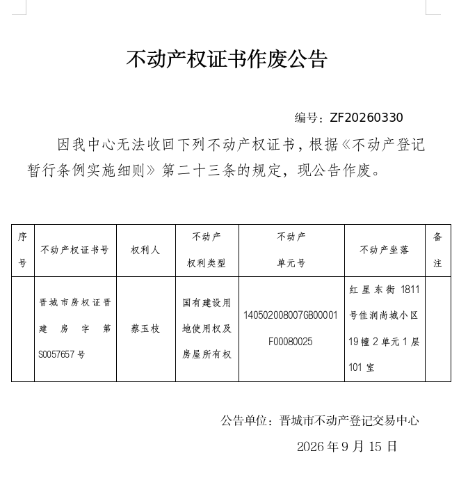不动产登记证书作废公告（一千五百六十二）20260330(图1)