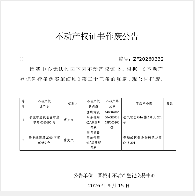 不动产登记证书作废公告（一千五百六十四）20260332(图1)