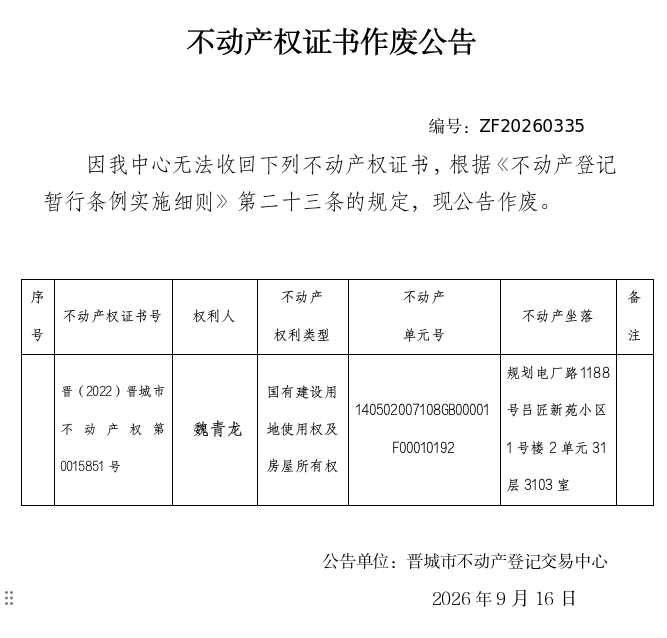 不动产权证书作废公告（一千五百六十七）20260335(图1)