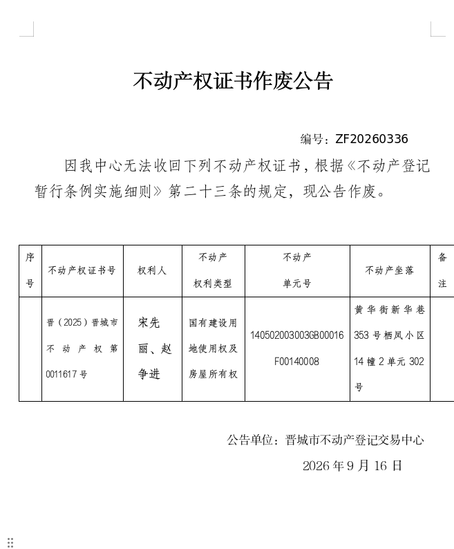 不动产权证书作废公告（一千五百六十八）20260336(图1)