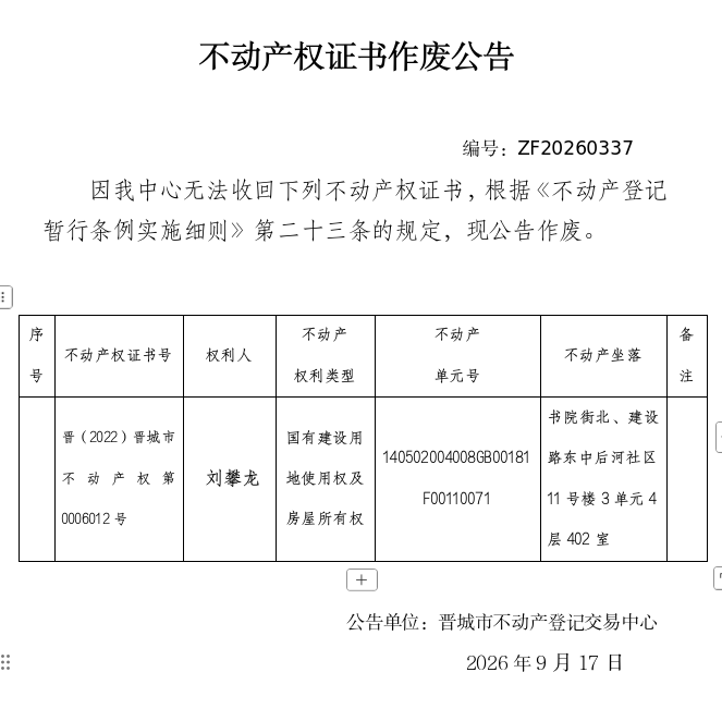 不动产权证书作废公告（一千五百六十九）20260337(图1)