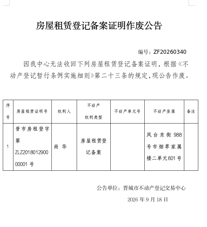 房屋租赁登记备案证明作废公告（一千五百七十二）20260340(图1)