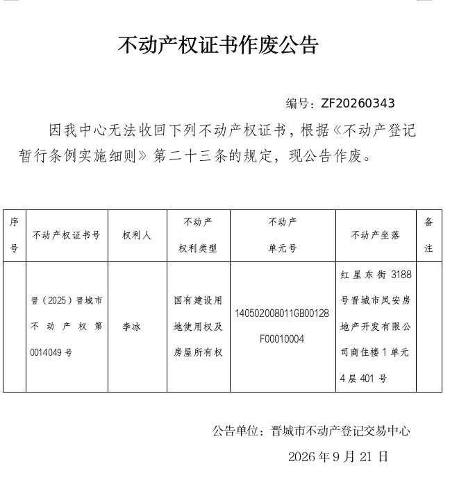 不动产权证书作废公告（一千五百七十五）20260343(图1)