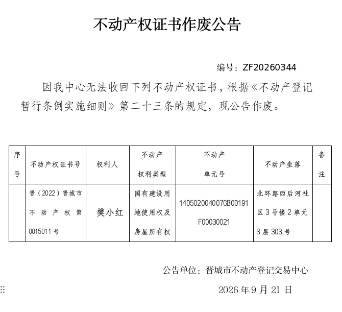 不动产权证书作废公告（一千五百七十六）20260344(图1)