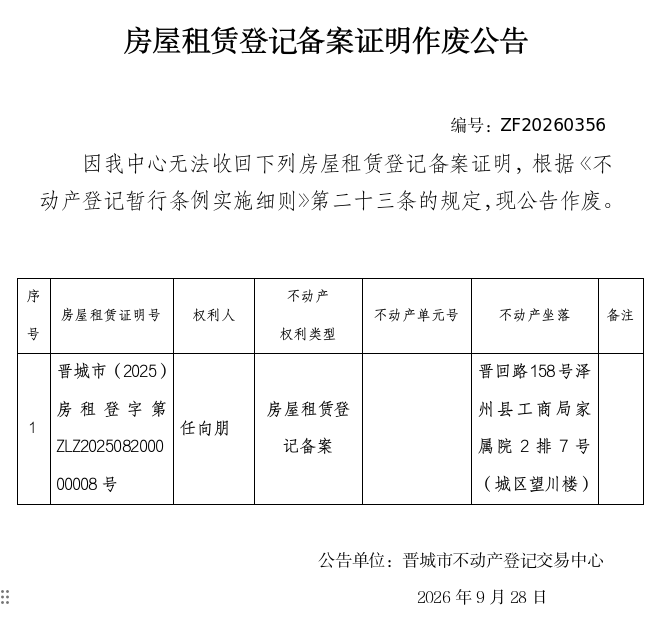 房屋租赁登记备案证明作废公告（一千五百八十八）20260356(图1)